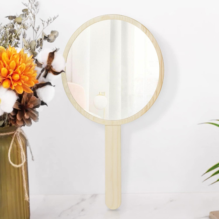Hand Mirror, Handheld Mirror with Handle Wooden Portable Cosmetic Mirror Dressing Table Mirror