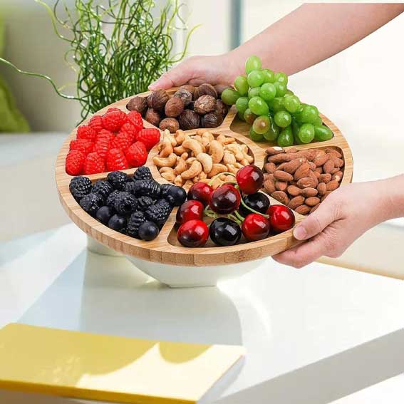 Snack Plate, Serving Tray 5 Compartments Round Decorative Wooden Tray for Breakfast, Tea, Snacks Available In Two Sizes