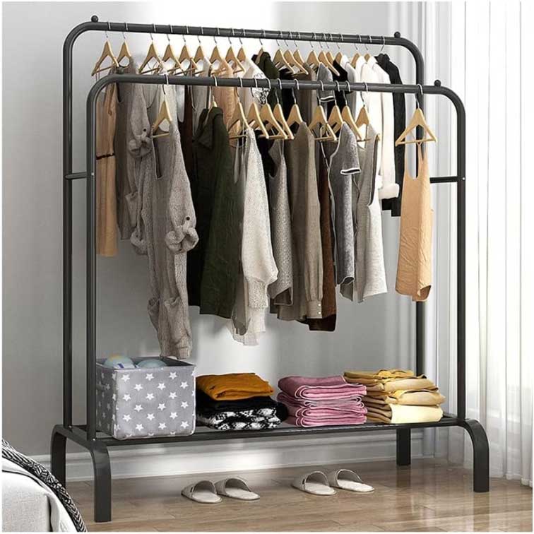 Clothes Rack Freestanding Hanger Double Rods Multi-Functional Bedroom Clothing Rack with Shelves Hanging Clothes Rails Open Wardrobe Closet Coat Stands With/ Without Wheels