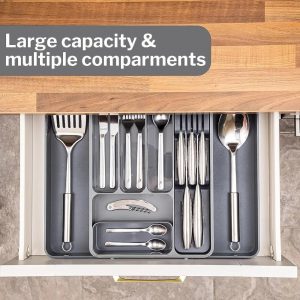 Cutlery Drawer Organiser – Adjustable Utensil Tray for Drawers – Expandable Cutlery Set Holder – Compact Drawer Divider for Knives, Forks and Spoons – Shaded Grey  6 division
