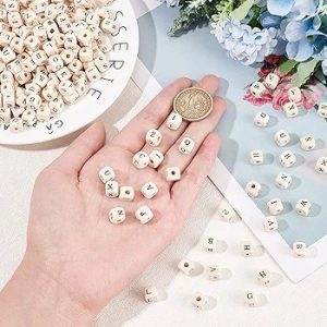 OLYCRAFT 100pcs  Random Letter Wooden Alphabet Beads, Natural Cube Wooden Loose Square Beads with Initial Letter for Jewelry Making