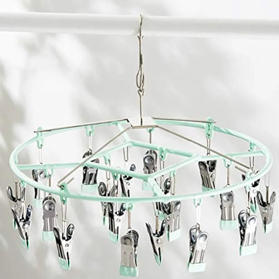 clothes drying rack Stainless steel drying rack socks clothes clip hook drying rack clip drying artifact round green 20/24 clip collapsible drying rack clothes (Size : Small) - Image 3