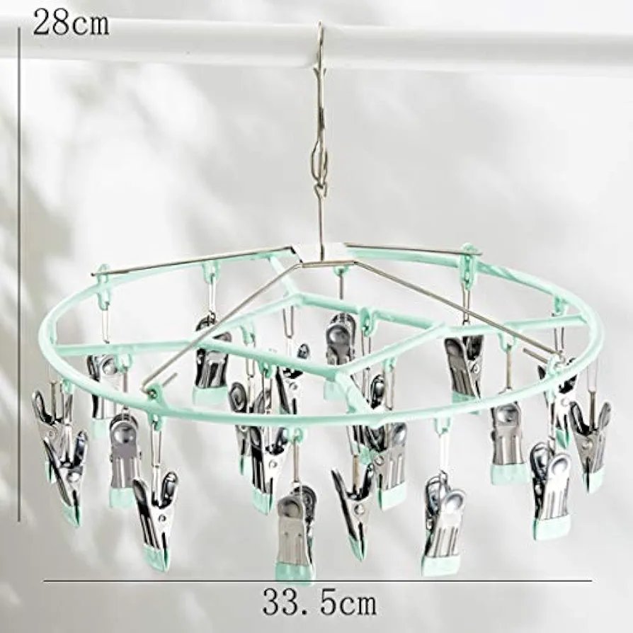 clothes drying rack Stainless steel drying rack socks clothes clip hook drying rack clip drying artifact round green 20/24 clip collapsible drying rack clothes (Size : Small)
