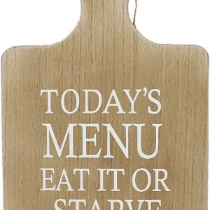 Decorative Chopping Board with German Text "Todays Menu... with Hooks for Tea Towels/Spoon  brown color