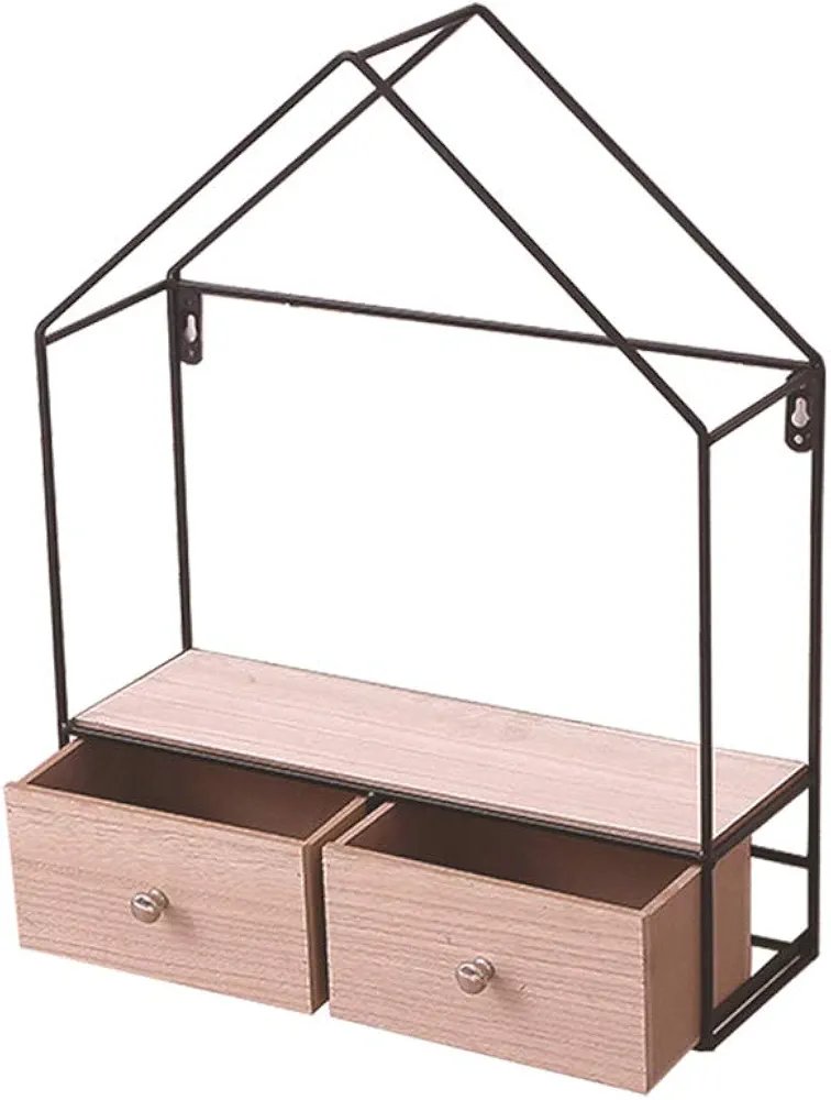 Wall Mounted Storage Rack Iron Triangular Organizer for Bedroom Living Room Wrought Shelf (Double Drawers)34*11*43cm - Image 2