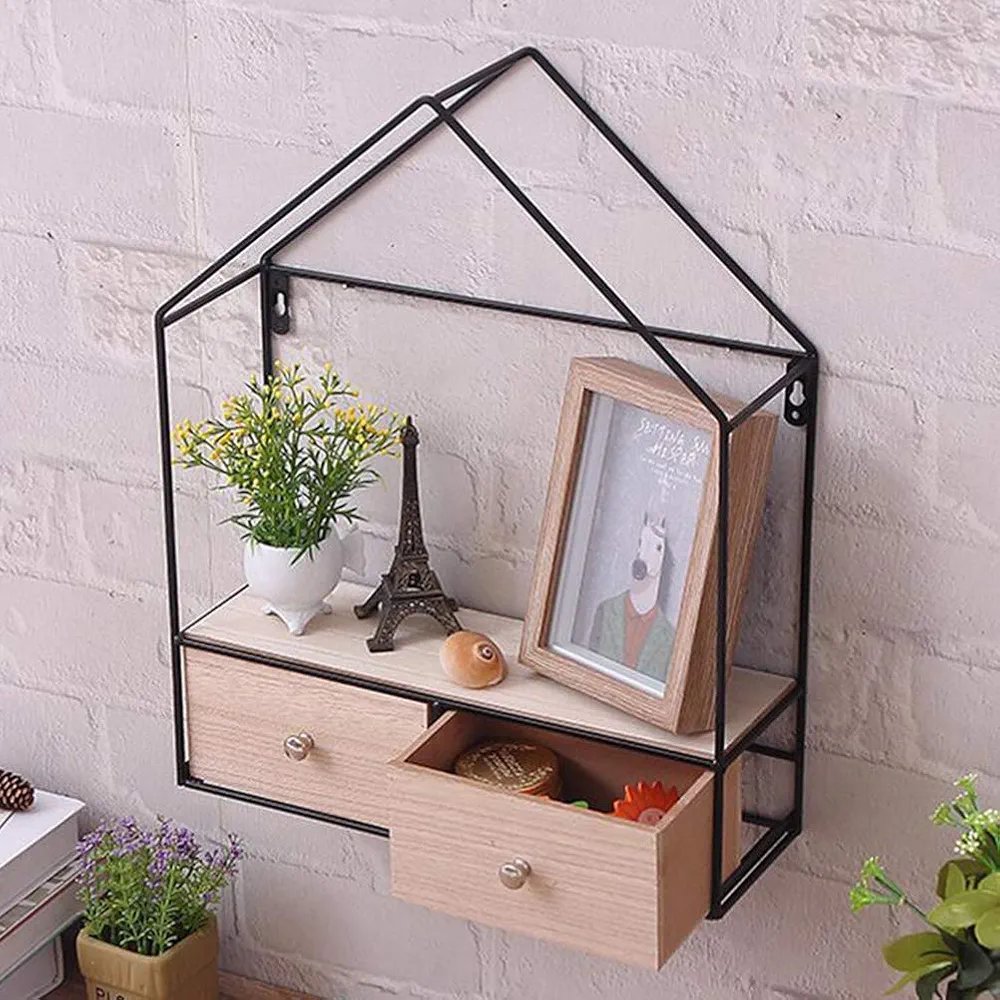 Wall Mounted Storage Rack Iron Triangular Organizer for Bedroom Living Room Wrought Shelf (Double Drawers)34*11*43cm - Image 3