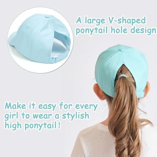 Girls Ponytail Baseball Cap for 3-8 Years Old, Adjustable Baseball Cap with Ponytail Hole, Breathable Sports Hat for Beach, Camping, Cycling, Sun Protection - Image 3