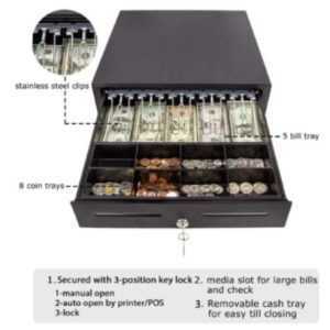Duty Metal Cash Register Drawer Box XL with 5 Bills 8 Coins Trays, 2 Keys, RJ11 Interface Automatic Open for Grocery Store Shop Cashier Safety Money Cabinet