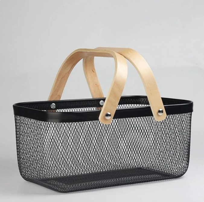 rectangular metal basket with wood handles
