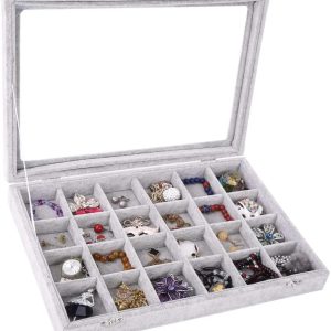 Pasutewel Stackable Jewelry Velvet Tray Storage Organizer Display Box with Lid,Lockable Felt Earring Ring Storage Organizer Box Holder Gifts for Girls Women (24 Grid Tray) 35cm