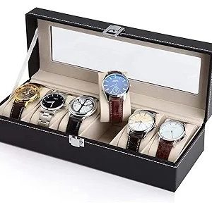 Slot Leather Watch Storage Box Holder Display Case Organizer with Transparent Glass Case for Men and Women (Black)