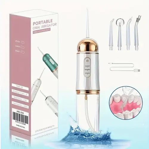 Water Dental Flosser Oral Irrigator with 3 Modes Cordless Water Teeth Cleaner Pick 4 Jets, IPX7 Waterproof Rechargeable Portable