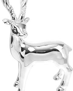 1 x Christmas Reindeer Deer Desk Ornament, White Ceramic Deer Embellishment Silver Sculpture Deer Statue for Living Room Bedroom Office Desk Silver Deer Porcelain