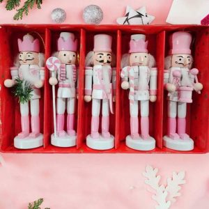 1 Piece Christmas Nutcracker Decoration Wooden Nutcracker Soldiers Christmas Table Decor, Pink and White, 12cm