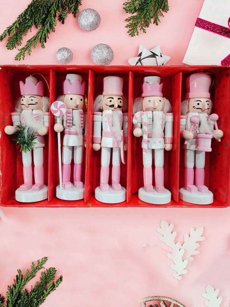 1 Piece Christmas Nutcracker Decoration Wooden Nutcracker Soldiers Christmas Table Decor, Pink and White, 12cm