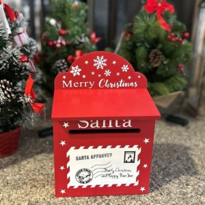 Christmas red letterbox made of coniferous wood, with printed letter, insertion slot, and cap on the back. Dimensions (L×W×H): 20×10×29 cm 