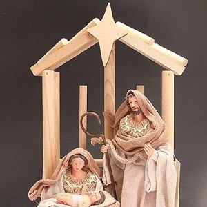Nazareth Store Pine Wood Nativity Scene Holy Family in Cotton Fabric Clothing, 14-inch Resin Figure Collection, Christmas Decoration Scene