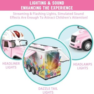 Remote Control Car for 4 5 6 Year Girls Birthday Xmas Gifts, Pink RC Camping Car Toys for Kids with Light & Sound, Remote Control Food Truck, Creative Camper Toys with Mini Furnitures