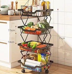 Collapsible Storage Organizer Baskets Layer | Kitchen Racks for Storage of Fruits & Vegetables | Foldable Storage | Kitchen Organizer Items and Storage | Black