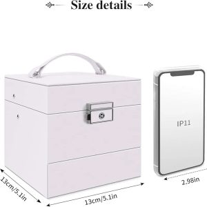 Small Travel Jewelry Organizer for Women and Girls, Faux Leather, with Lockable Mirror, Jewelry Display for Necklaces, Earrings, Rings, Bracelets (White)