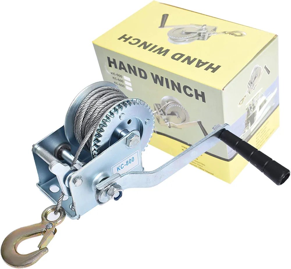 manual crank winch with brake and heavy-duty steel cable for boat trailer