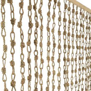 Natural Cream Color Paper Straw Hand Made Braided Rope Curtain on Natural Wood Head Rail, 35 1/2" Wide by 78"