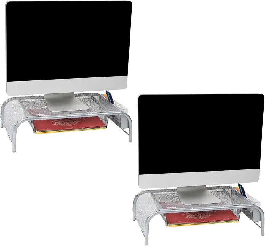 Mind Reader 2MESHMON-SIL Metal Mesh Stand and Desk Organizer with Drawer, Monitor Riser, Silver-2 Pack - Image 3