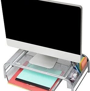 Mind Reader 2MESHMON-SIL Metal Mesh Stand and Desk Organizer with Drawer, Monitor Riser, Silver-2 Pack
