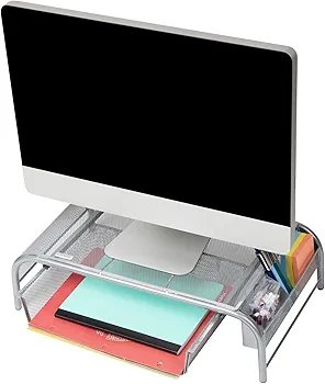 Mind Reader 2MESHMON-SIL Metal Mesh Stand and Desk Organizer with Drawer, Monitor Riser, Silver-2 Pack