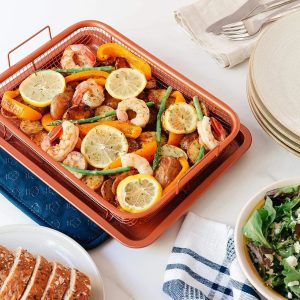 Mishrit Copper Crisper Oven Tray, 2 Piece Baking Trays Set, Carbon Steel Tray, Ideal for Bacon, Chips, Chicken- Extra Large 34*24cm