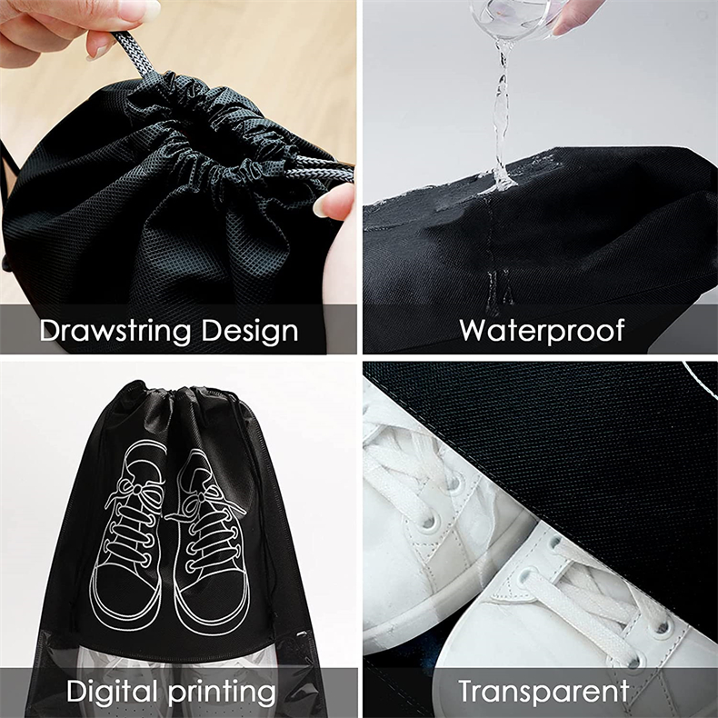 Drawstring Non Woven Material Travel Shoe Bag Custom Reusable Shoe Storage Bag black 2pcs - Image 3