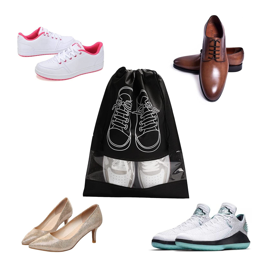 Drawstring Non Woven Material Travel Shoe Bag Custom Reusable Shoe Storage Bag black 2pcs - Image 5