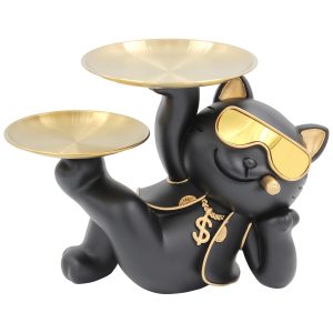 Decorative polyresin 31X17X22 cm. Black Gold Cat with metal discs – KESKOR 69621