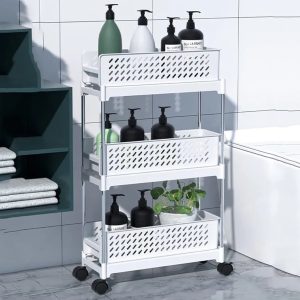 Kitchen Storage Trolley, Slim Pull Out Storage Tower, Movable Removable Shelf with Wheels, Mobile Shelf Organizer for Bathroom, Kitchen, Laundry, Tight Places (Color : White,