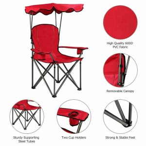 Portable Folding Beach Canopy Chair W/ Cup Holders Bag Camping Hiking Outdoor Red