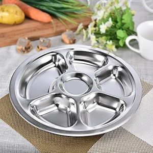Stainless steel divided dinner plate with 6 sections, mess-free trays, ideal for camping, kids' lunch and dinner, or everyday use. Round.28cm