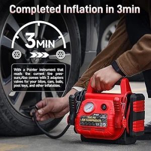 Car Jump Starter Power Pack with Air Compressor, 1000A 12V Lead-Acid Battery Booster Power Pack with USB Socket and DC Outlet, 150PSI Tyre Inflator with 3 Adapters