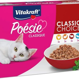 Vitakraft Poésie Classic Wet Cat Food in Sauce, with Chicken, Turkey, Beef, Salmon, No Added Sugar and Grains (1 Pack of 12 x 85 g