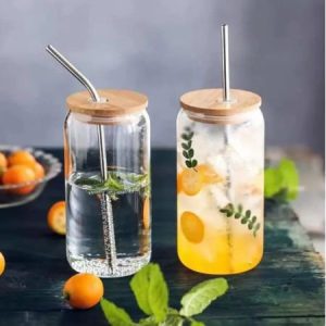 Drinking Glass Cup With Bamboo Lid & Glass Straw 540 ml
