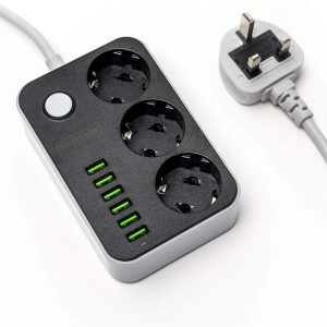 Travel Adapter Plug Falkland Islands 3 European Sockets 6 usb 3.4 A 2m