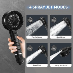 High Pressure Shower Heads,Hard Water Shower Pro Head with 1.5m Shower Hose and Shower Stand,4 Mode Handheld Powerful Shower Head