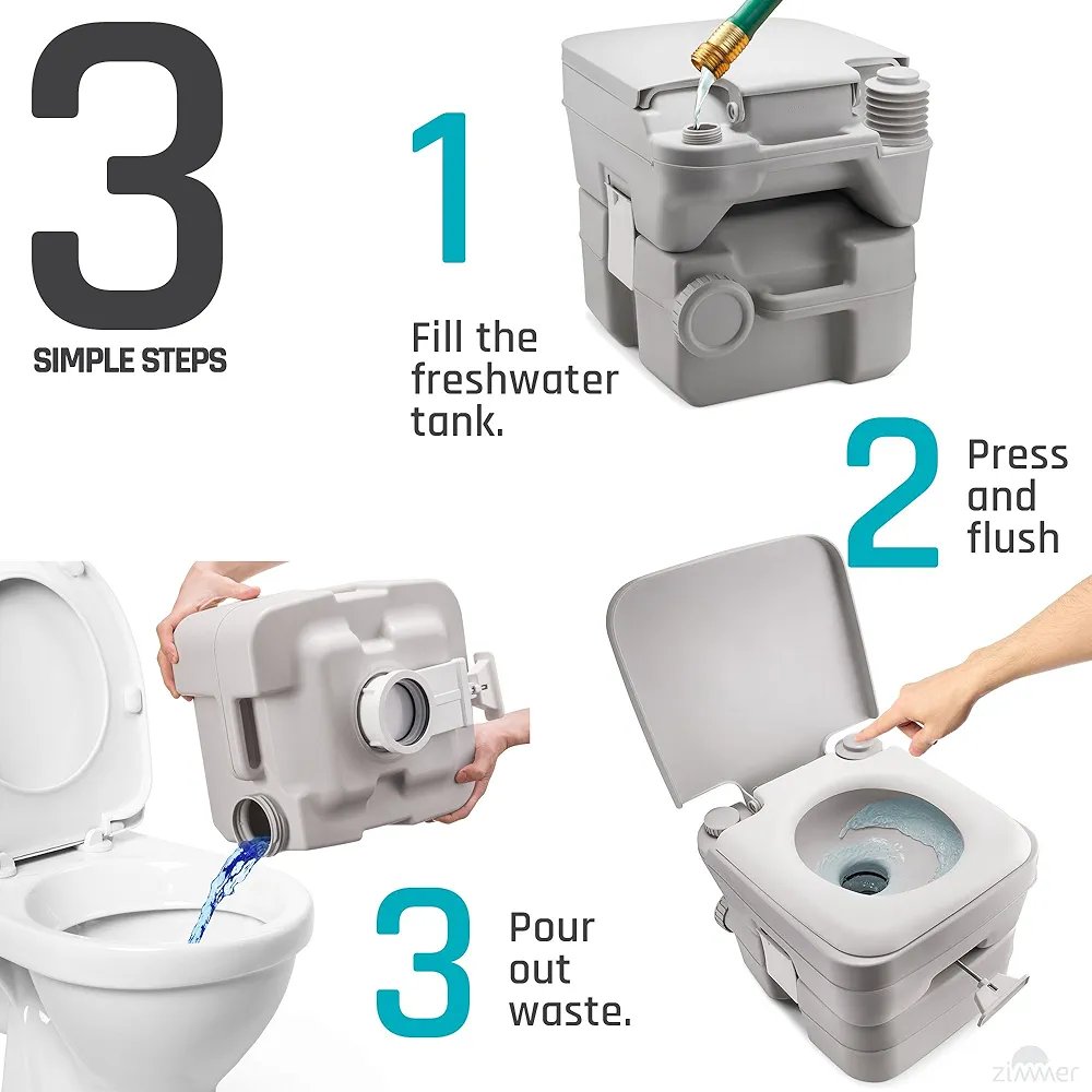 Portable Camping Toilet - 5 Gallon Waste Tank - Durable, Leakproof, and Drainable. This easy-to-use RV toilet features removable tanks for effortless cleaning and portability, ideal for travel, boating, and camping