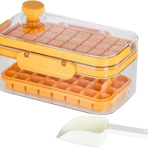Ice Tray Pressed Ice Storage Box with Lid Home Ice Maker Box with Tray and Scoop (Orange)