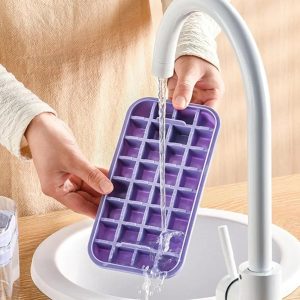 Ice Tray Pressed Ice Storage Box with Lid Home Ice Maker Box with Tray and Scoop (Orange)