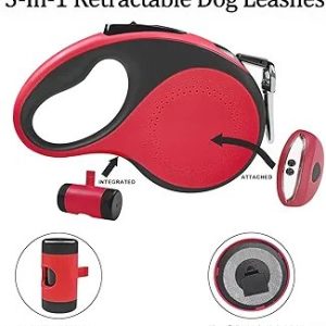 Retractable Dog Leash with Waste Bag Dispenser and Flashlight, 5m 30kgDog Leash for Small Medium Dogs up to 66lbs, One Button Break & Lock,360°Tangle Free, Soft Anti Slip Grip,Red