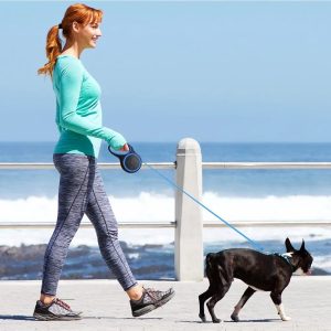 Retractable Dog Leash for Medium and Large Working and Companion Dogs with Anti-Slip Handle.  Strong Nylon Tape; One-Handed Brake, Pause, Lock - Blue