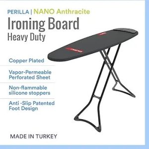 Perilla Nano Anthracite, Ironing Board,Heavy Duty - Copper Plated - 38cmx140cm Monoblock Surface - Steel Material - Anti-slip Foot Design - Made in Turkey
