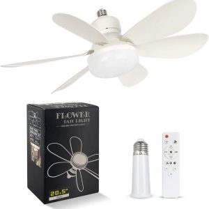 EEK Socket Fan Light with Ultra Quiet Design, 20.5″ Ceiling Fans with LED Lights and Remote, Screw r E26/E27, 3 Speeds 3 Colors 3000-6500K,1200 Lumens