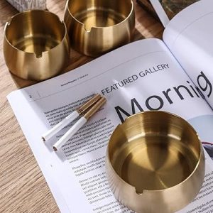Round Stainless Steel Tabletop Cigarette Ashtray, Windproof Cigarettes Ashtrays for Home Office Hotel Cigaret Ash Tray,Gold10cm