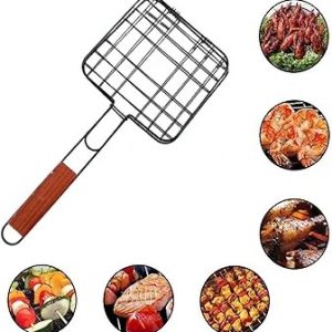 Portable square stainless steel barbecue basket with wooden handle for grilling fish, shrimp, vegetables, steaks and meats for outdoor camping, barbecues and picnics 47*20cm